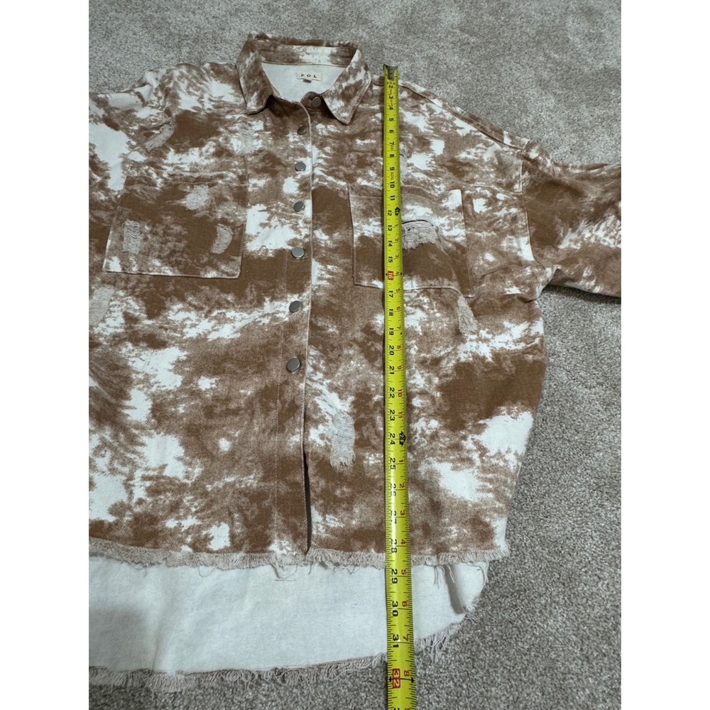 POL Womens Brown Tie Dye Distressed Denim Shacket Oversized Shirt Jacket Large - Picture 13 of 13